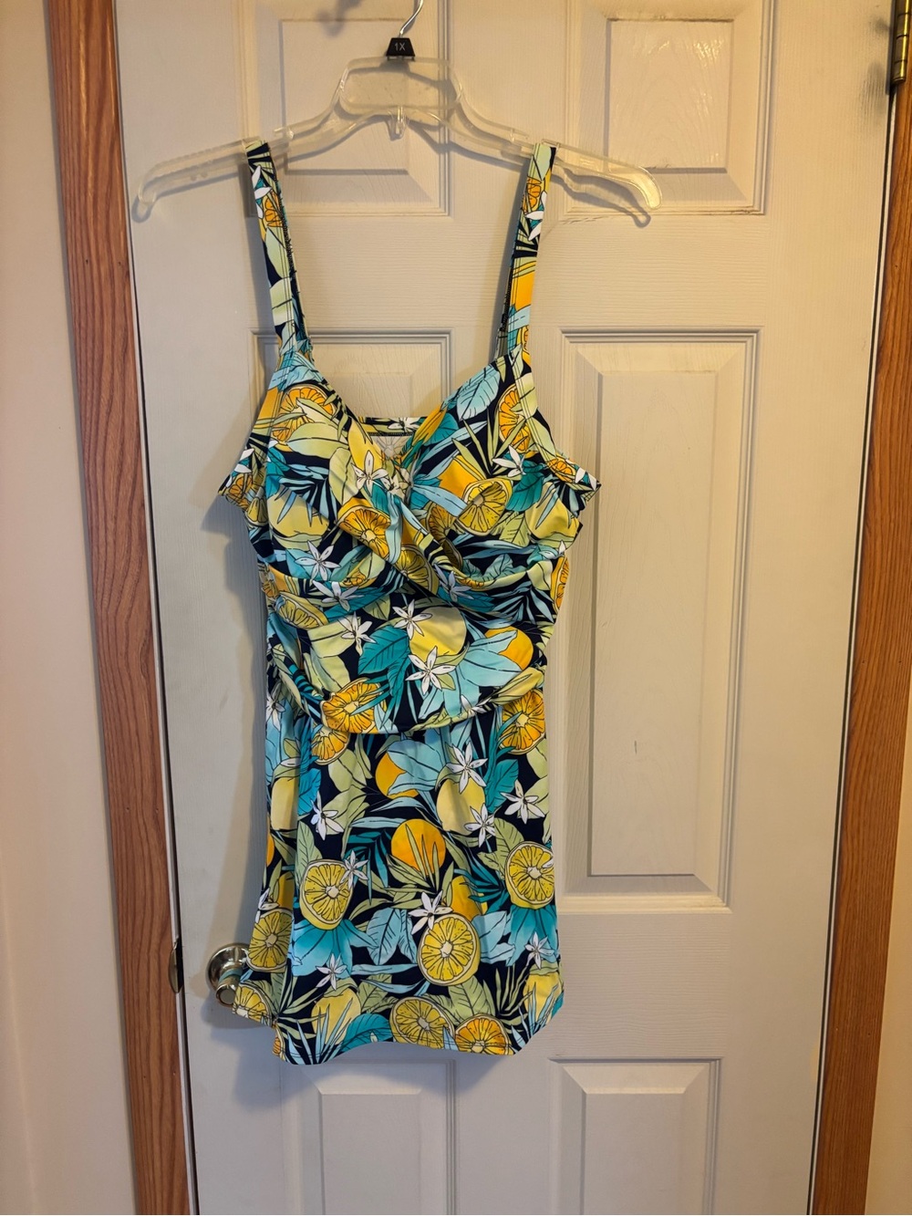 Women’s Tropical Lemon Print One-Piece Swimsuit in Yellow, Teal & Black